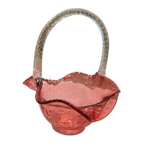 70s Fenton Cranberry Ruffle Glass Basket Clear Applied Handle* (small crack)
